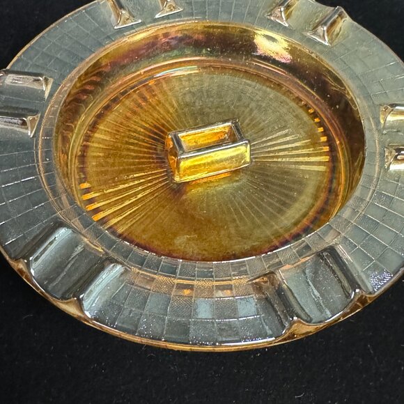 MARIGOLD CARNIVAL GLASS ASHTRAY w/ Matchbook Holder STARBURST smoking - J1308 - Picture 3 of 8
